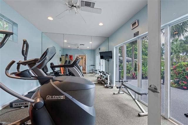 25735 Lake Amelia Way, #103, Bonita Springs, FL 34135 Gym with ceiling fan and recessed lighting