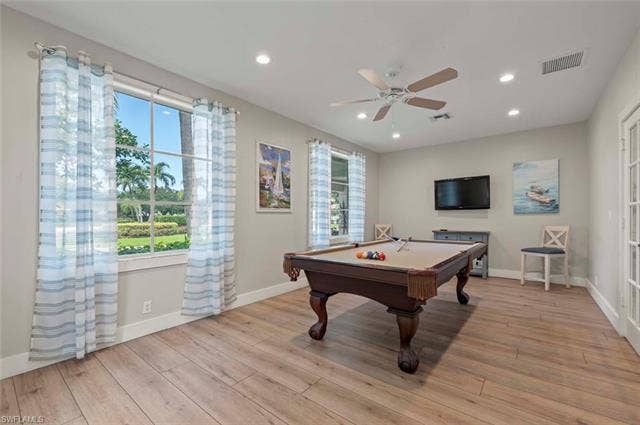 25735 Lake Amelia Way, #103, Bonita Springs, FL 34135 Playroom with billiards table, plenty of natural light, light wood-style floors, recessed lighting, and a ceiling fan