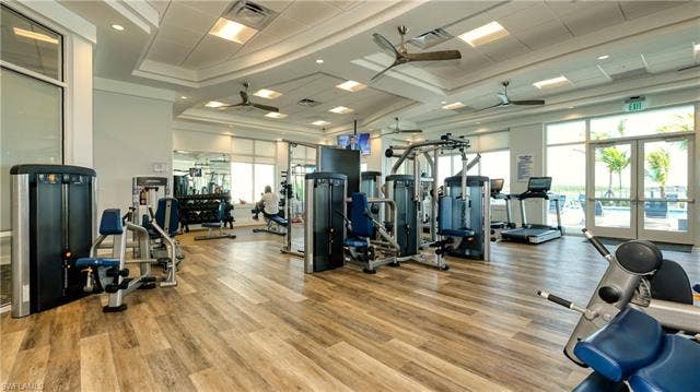 18500 Wildblue Blvd, Fort Myers, FL 33928 Workout area with ceiling fan, french doors, and a high ceiling