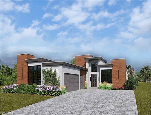 19117 Via Messina Way, Miromar Lakes, FL 33913 Contemporary house with an attached garage, a front lawn, decorative driveway, and stucco siding