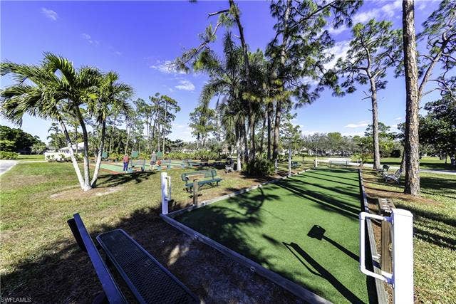 22161 Tallwood Ct, #706, Estero, FL 33928 Bocce ball court with synthetic turf surface, surrounded by mature palm and pine trees