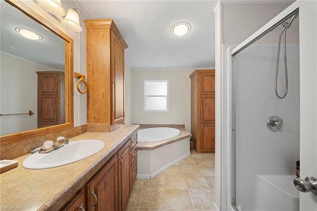 27472 Rue Viauv Ave, Bonita Springs, FL 34135 Bathroom featuring a built-in jetted tub, a separate shower enclosure with a glass door, a single vanity with an integrated sink, and ample storage provided by wood-finish cabinetry