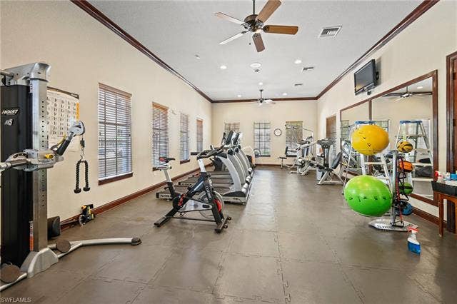 23461 Alamanda Dr, #206, Estero, FL 34135 Spacious fitness center featuring neutral walls, dark trim, multiple windows with blinds, ceiling fans, and impact-absorbing flooring