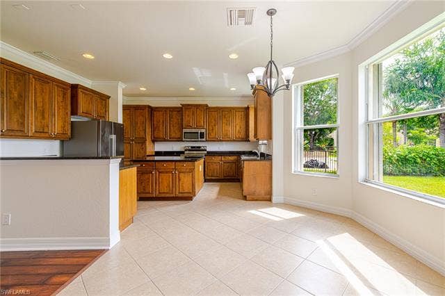 10310 Carolina Willow Dr, Fort Myers, FL 33913 Kitchen featuring wood cabinetry, dark countertops, a large island, stainless steel appliances, and tile flooring