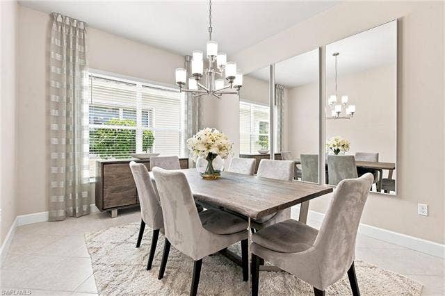 28410 Capraia Dr, Bonita Springs, FL 34135 Recessed lighting, contemporary chandelier, large windows with blinds, built-in sideboard, and large wall-mounted mirrors