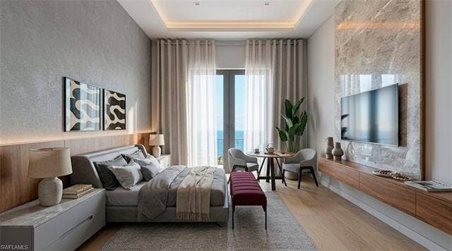 5219 S Seminole Ct, Cape Coral, FL 33904 (Rendered photo) Recessed ceiling lighting, wood-finish flooring, a full-height glass door, a built-in floating media console, and a wall-mounted television
