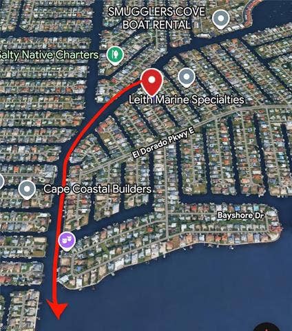 5219 S Seminole Ct, Cape Coral, FL 33904 Navigational Map. Displaying a water route with identified points of interest and a destination marker