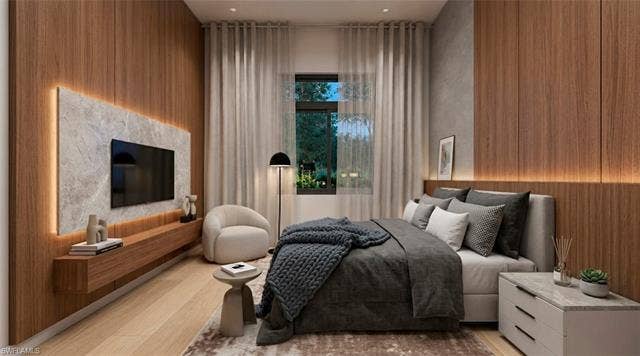 5219 S Seminole Ct, Cape Coral, FL 33904 (Rendered photo) Wood-panel accent wall with integrated backlighting and a floating media console