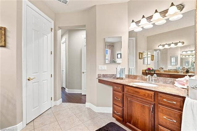 19600 Maddelena Cir, Estero, FL 33967 Bathroom vanity with a mounted sink, expansive countertop, and built-in wood cabinetry