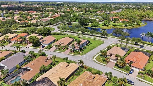 19600 Maddelena Cir, Estero, FL 33967 Lush green landscaping with mature trees, a tranquil water feature, and paved roadways