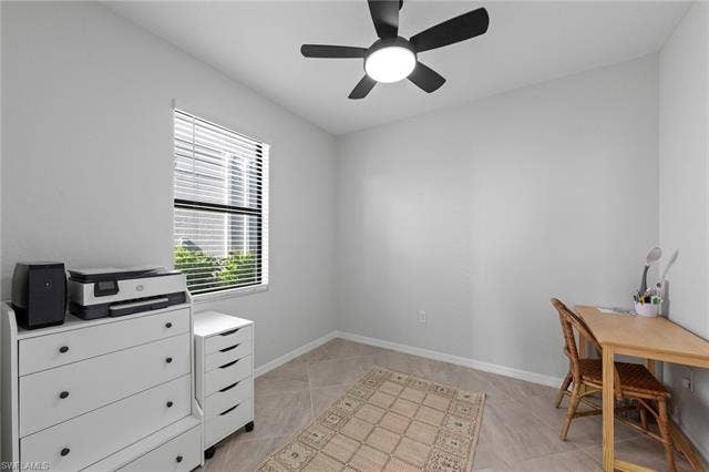 19712 The Place Blvd, Estero, FL 33928 Neutral wall color, ceiling fan with integrated lighting, tiled flooring, and window with horizontal blinds