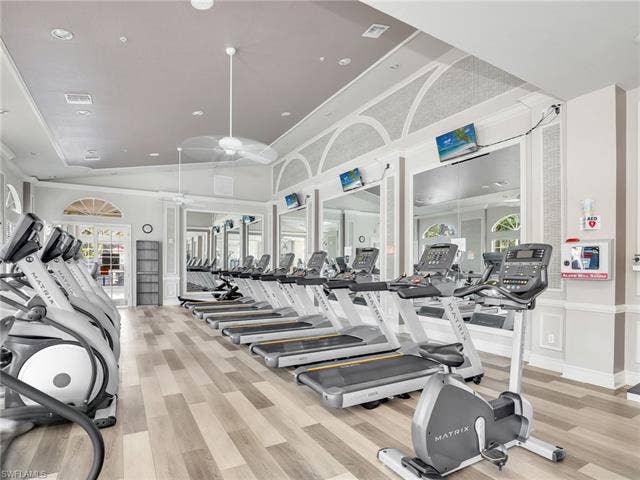 20052 Serene Meadow Ln, Estero, FL 33928 Spacious fitness center featuring wood-finish flooring, vaulted ceilings, and decorative arched windows