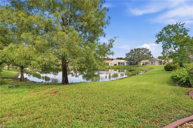 20052 Serene Meadow Ln, Estero, FL 33928 Expansive green lawn with mature trees and a tranquil pond