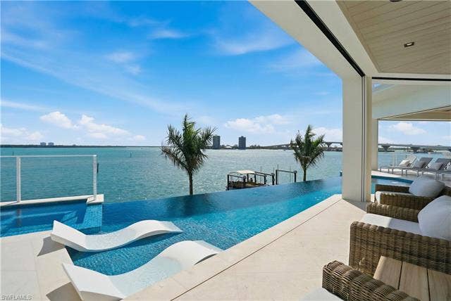 280 Estrellita Dr, Fort Myers Beach, FL 33931 View of swimming pool with an infinity pool, a water view, and patio surround - Virtually Edited Image