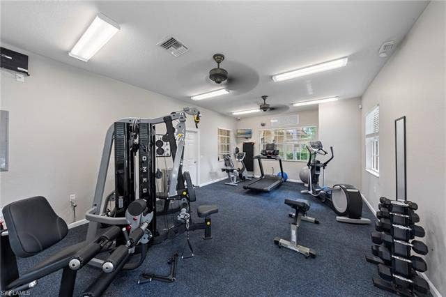 26485 Lucky Stone Rd, #202, Bonita Springs, FL 34135 Fitness center featuring a multi-station gym, cardio equipment, and ceiling fans