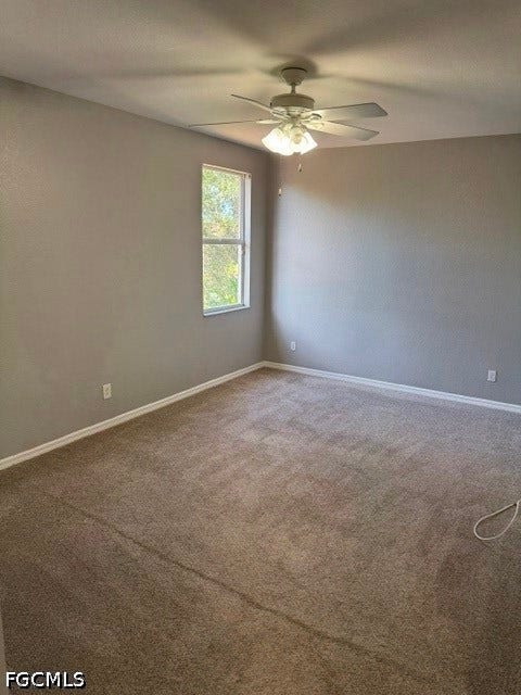 Neutral wall tones with a ceiling fan light fixture, carpet flooring, and a single window