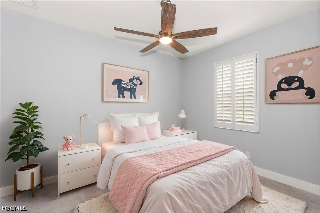 Recessed lighting, wood-finish ceiling fan, window with white plantation shutters, light gray wall paint, and wood-look flooring