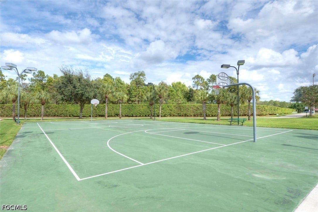 Paved basketball court with perimeter lighting and established landscaping