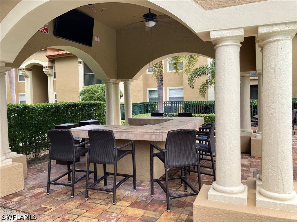 8920 Colonnades Court E, #516, Bonita Springs, FL 34135 RESIDENTS DRY BAR AREA AT POOLSIDE GATHERING AREA AROUND "BRING YOUR OWN" BAR AND LARGE SCREEN TV....