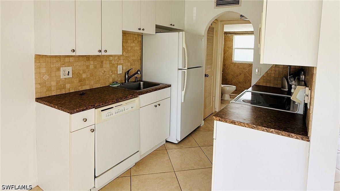 White cabinetry, tile backsplash, built-in dishwasher, and a stainless steel sink