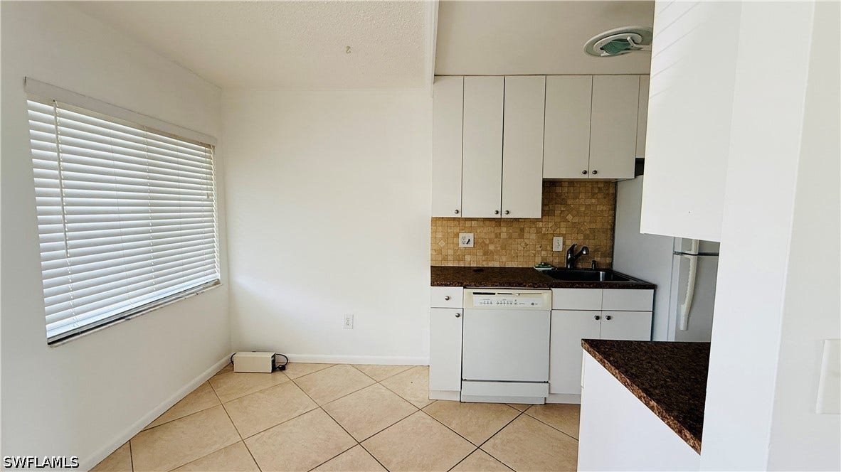 Kitchen featuring white cabinetry, a dark countertop, a mosaic tile backsplash, and a built-in dishwasher