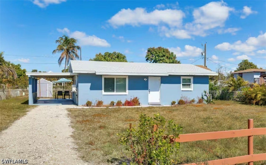 4630 New Haven Drive, Fort Myers, FL 33908 Single-story residence featuring light blue siding, a white front door, and a covered patio