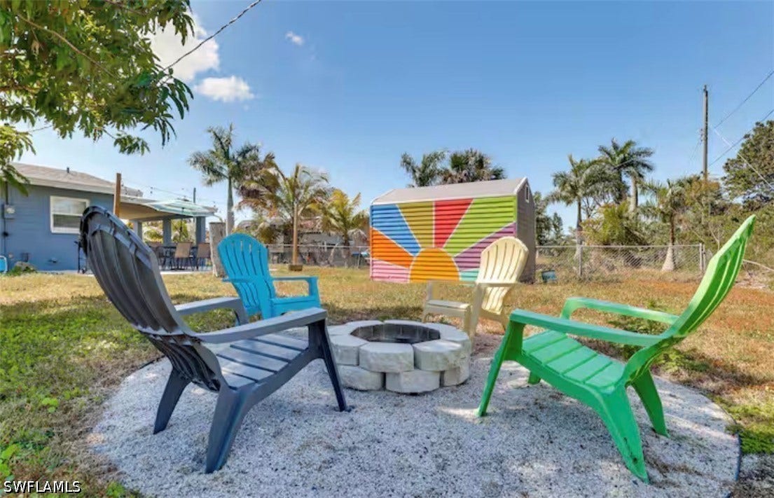 4630 New Haven Drive, Fort Myers, FL 33908 Outdoor fire pit featuring a stone block surround, gravel base, and a colorful storage shed