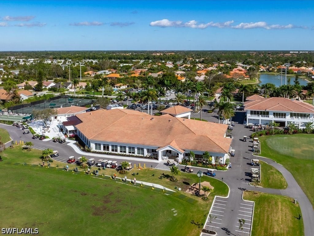Ariel view of Foxfire clubhouse with full-service restaurant, Grill room, outdoor dining with fire pits, Pro Shop, Library and more.