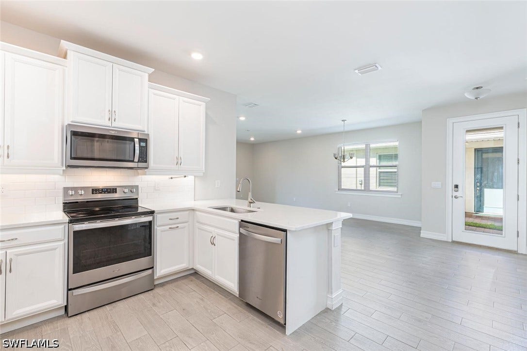 Kitchen with appliances with stainless steel finishes, white cabinetry, light wood finished floors, backsplash, and a peninsula