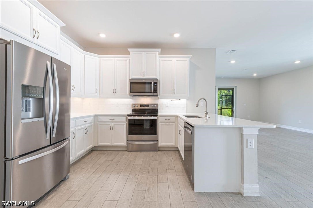 Kitchen featuring stainless steel appliances, a peninsula, decorative backsplash, white cabinetry, and light wood finished floors
