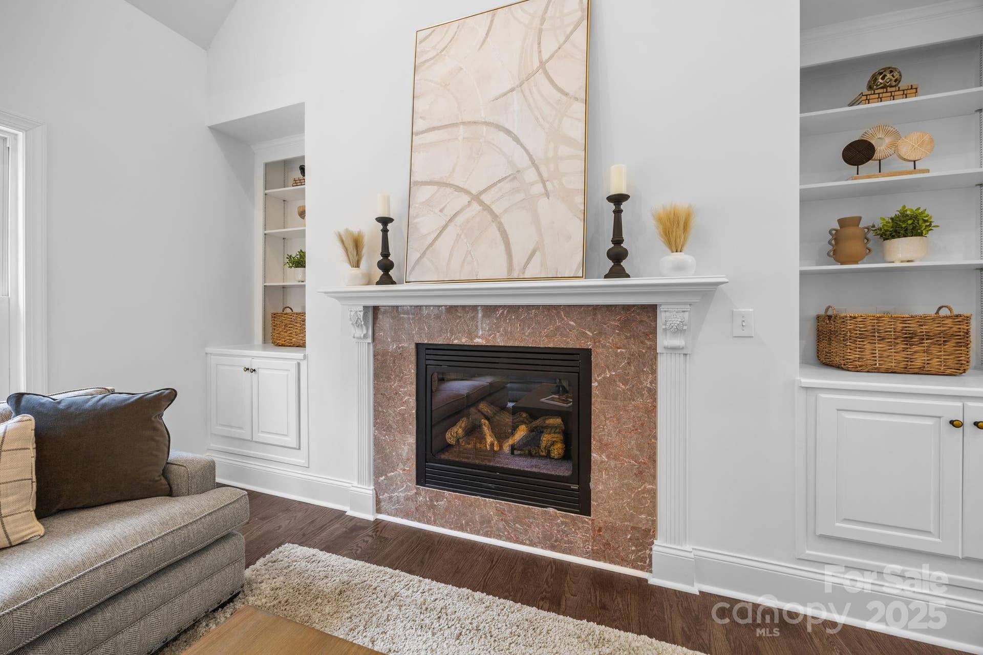 Fireplace and bookcases in the living area