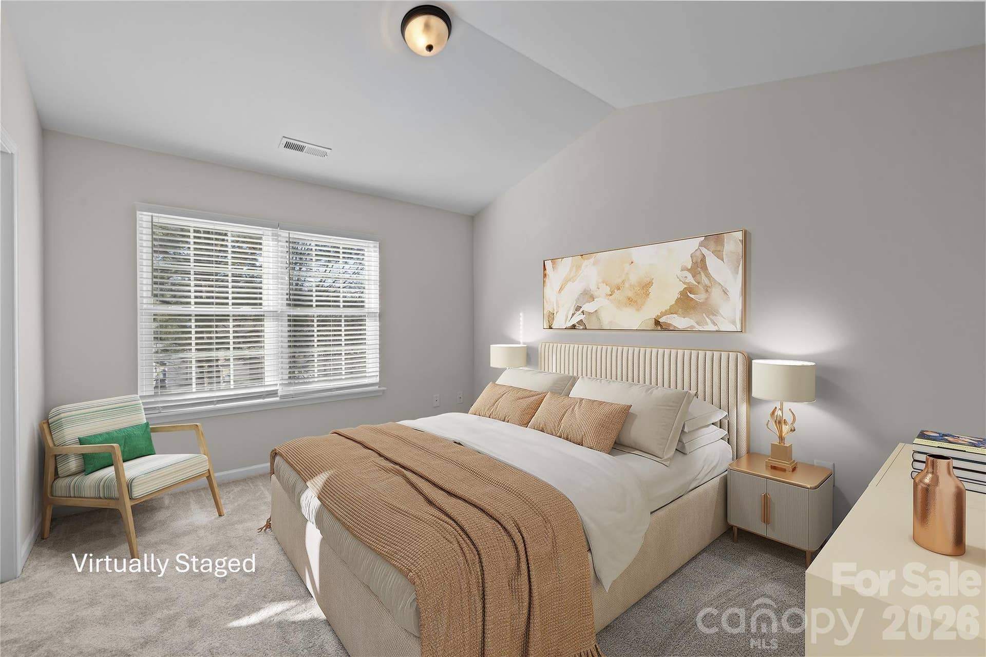 Spacious second bedroom suite on upper floor with vaulted ceiling, brand new plush carpet, and double window for natural light.
