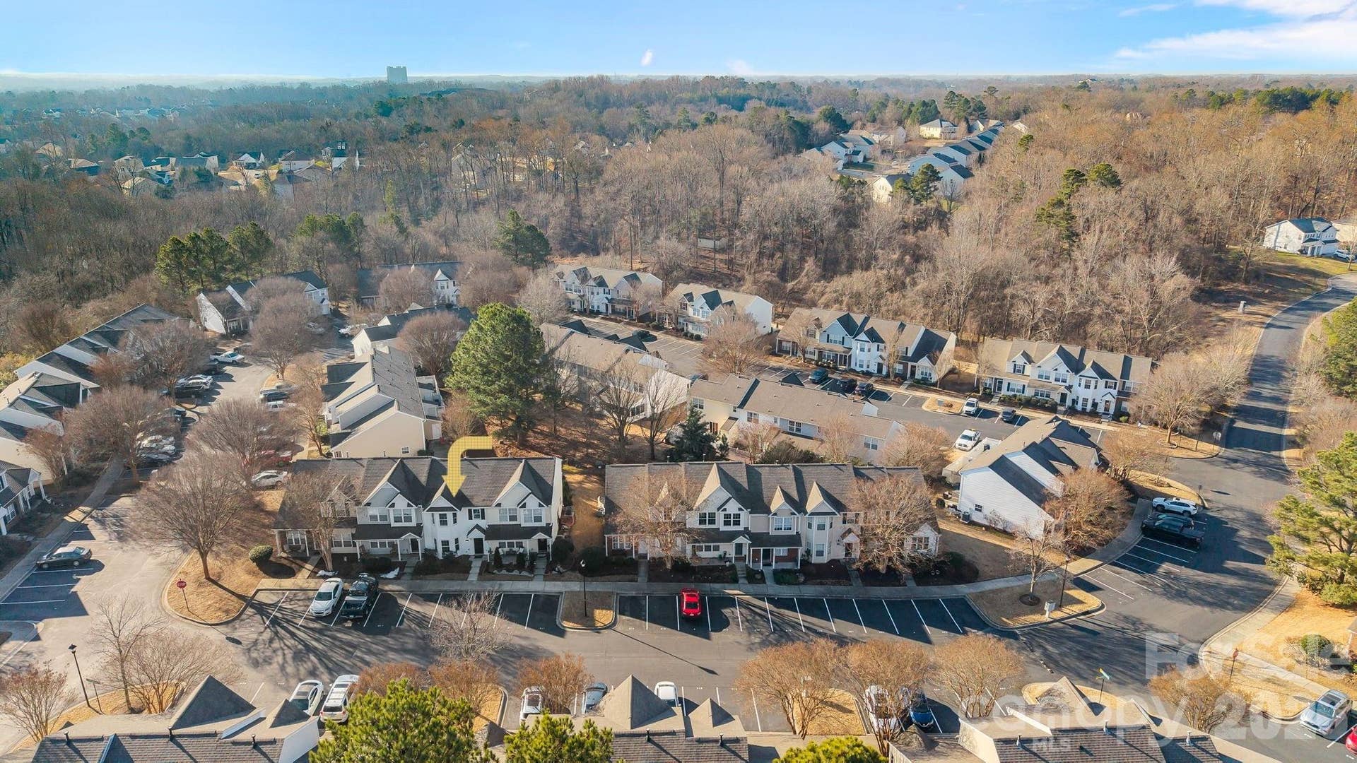 Aerial view of 209 Primrose Walk in Fort Mill's Cole Creek townhome community.