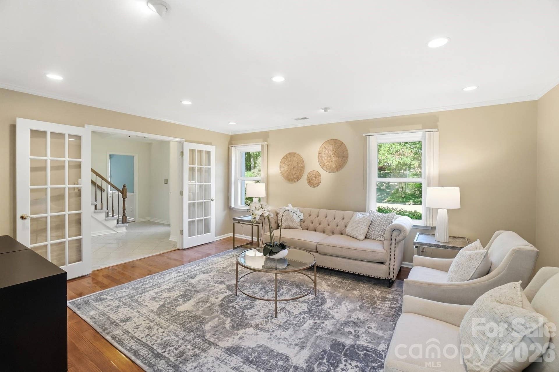 Living Room w/French Doors, Recessed Lighting