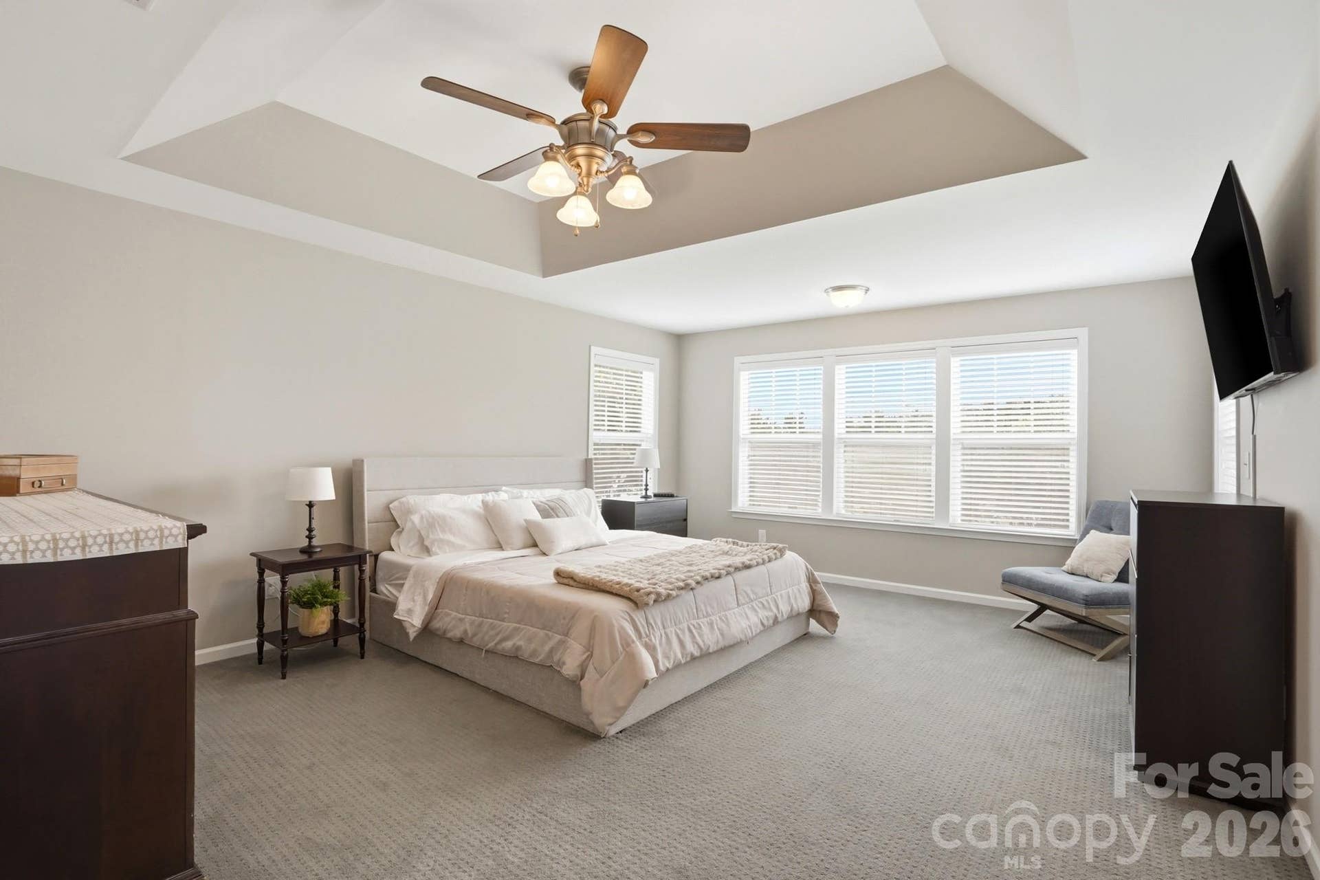 1198 Jasmine Drive, Fort Mill, SC 29707 Huge primary bedroom with ceiling fan and trey ceiling
