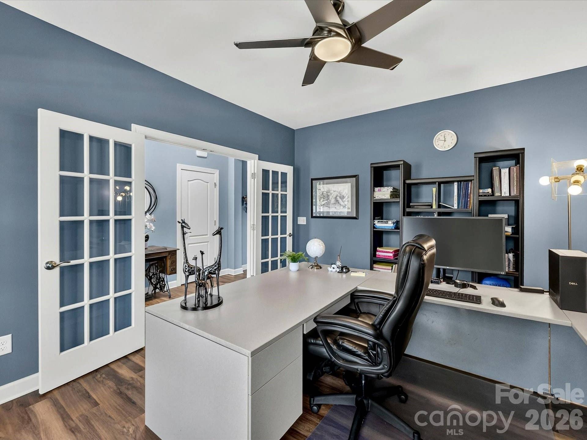 French Doors, LVP Flooring and Fan in Office