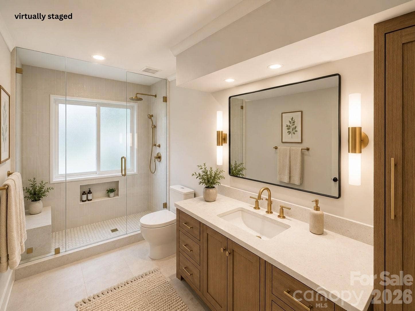 Virtually staged primary full bathroom
