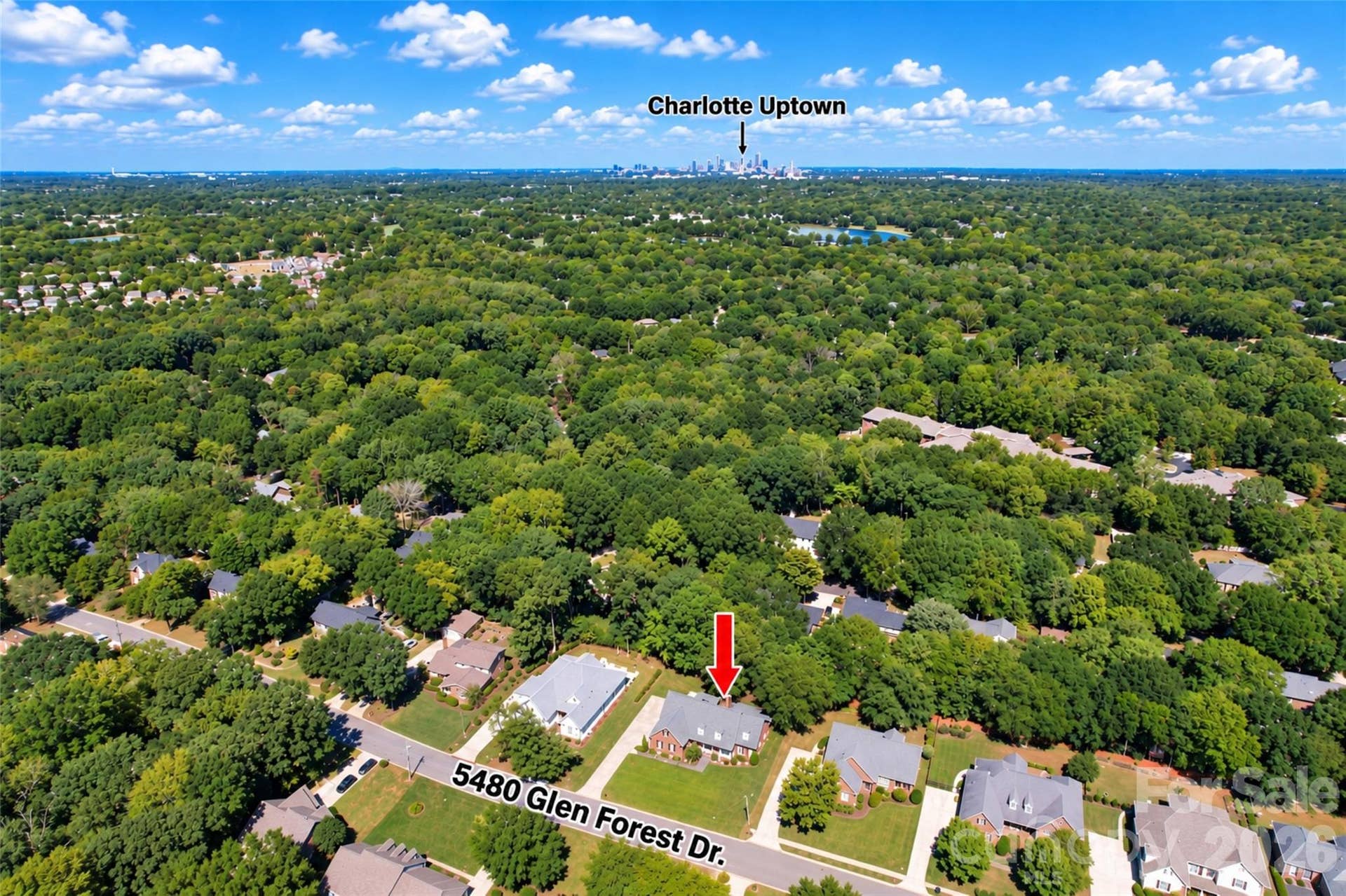 5480 Glen Forest Drive, Charlotte, NC 28226 Aerial view facing North to UPtown. Notice closeness to Southpark and more.