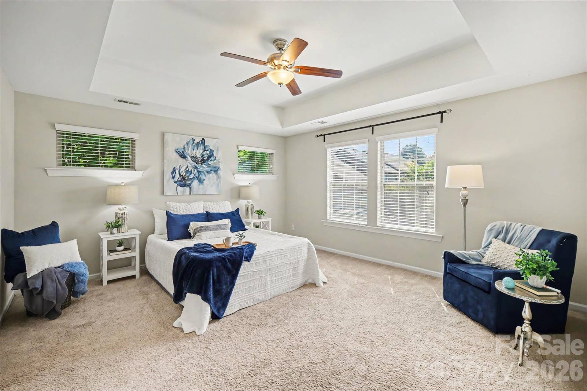 Primary suite with tray ceiling and lots of natural light