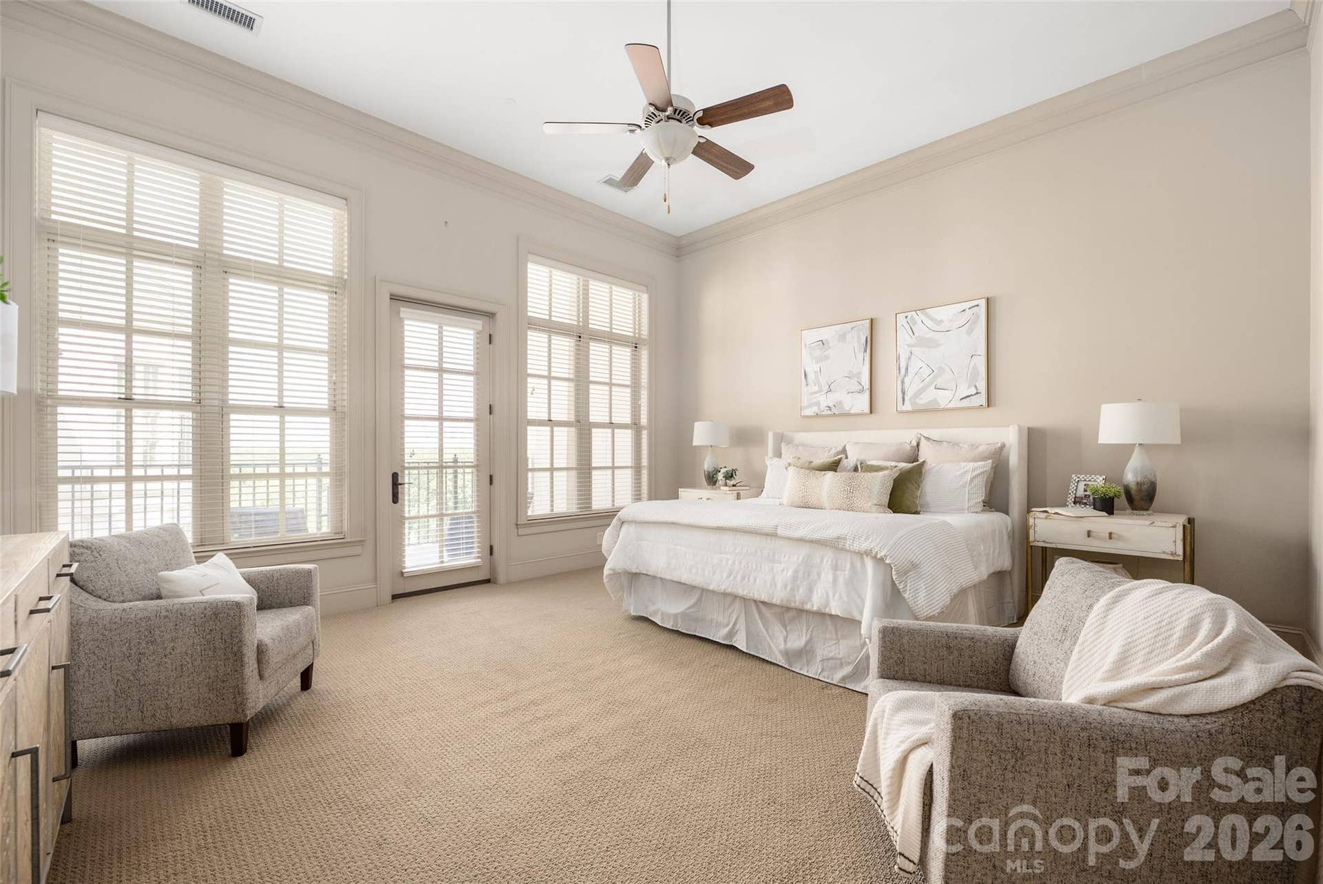 2823 Providence Road, #280, Charlotte, NC 28211 Primary bedroom with tall windows and door to the private balcony