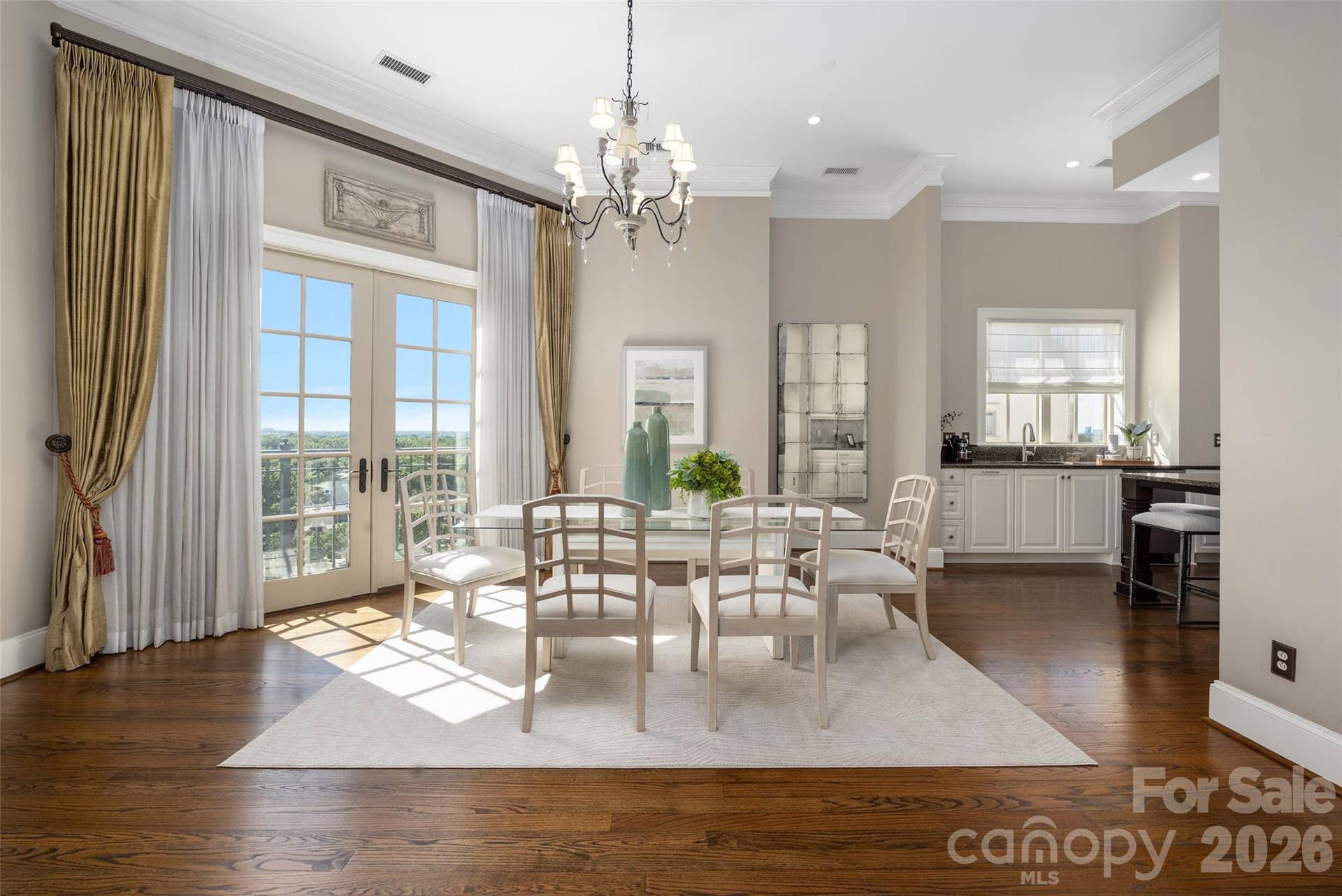 2823 Providence Road, #280, Charlotte, NC 28211 Dining area with French doors to the Juliet balcony, kitchen to the right