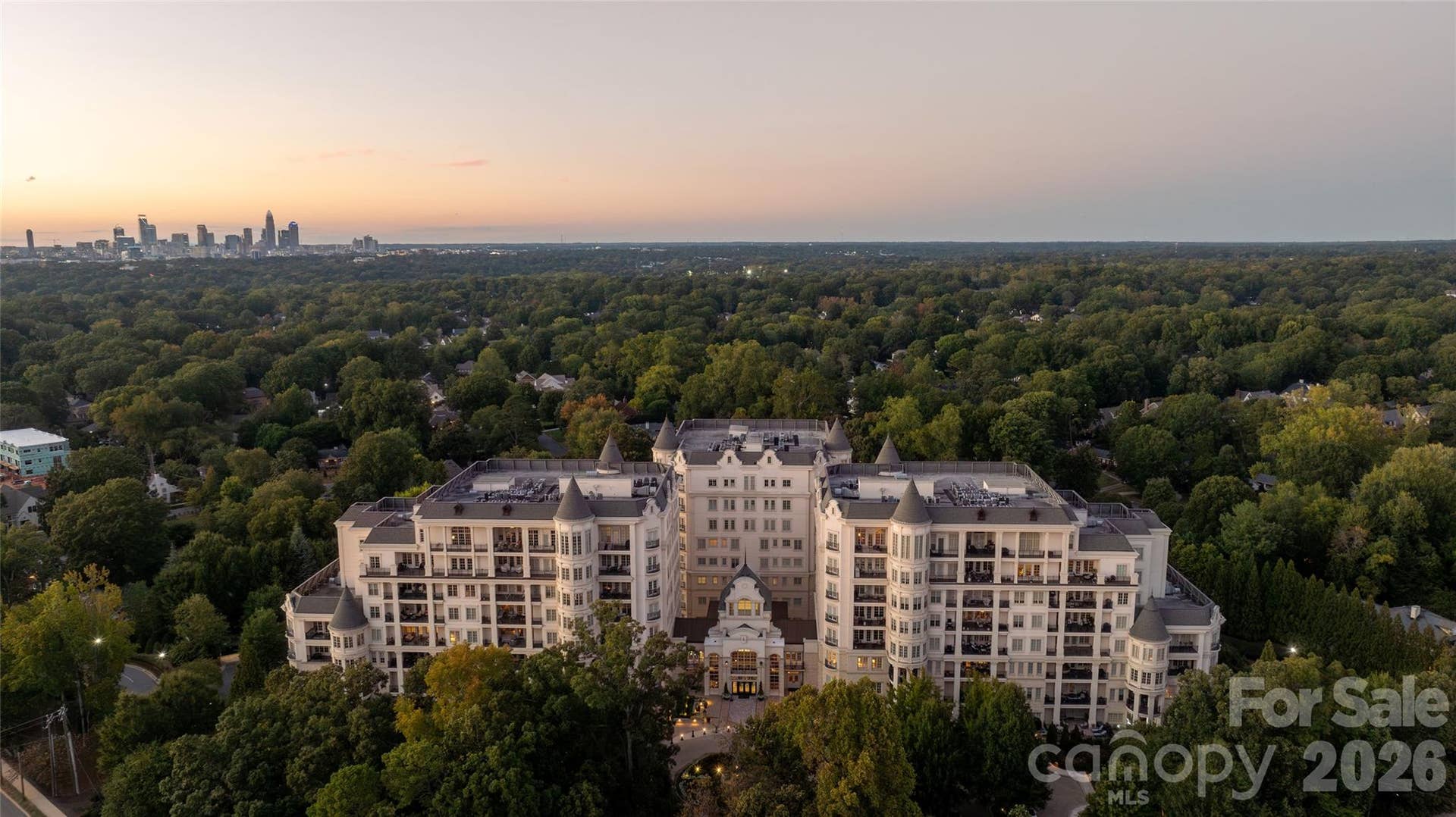 2823 Providence Road, #280, Charlotte, NC 28211 Sunset aerial with the Uptown skyline in the distance, four miles away