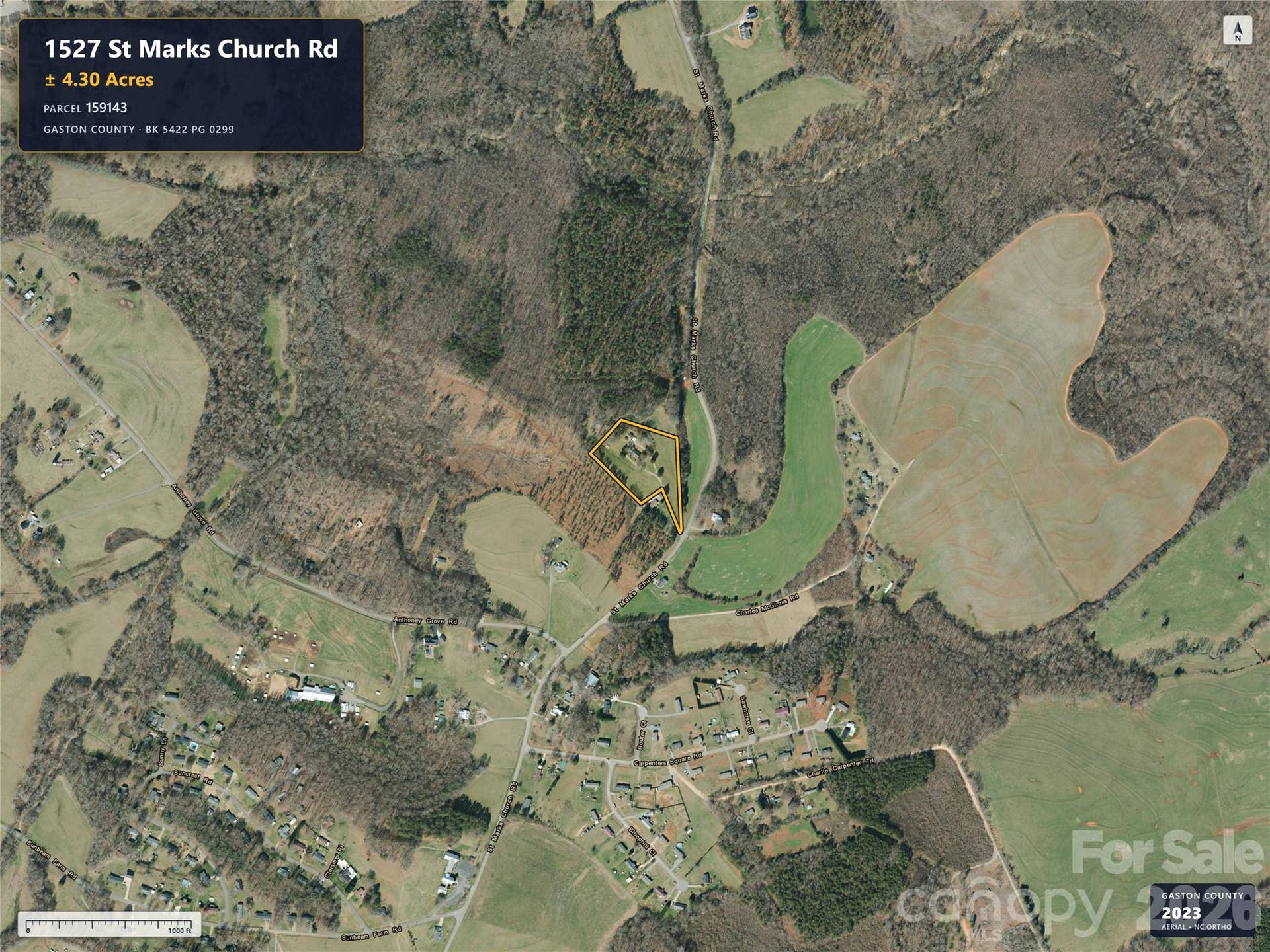 1527 St Marks Church Road, Crouse, NC 28033 Aerial imagery predates removal of the previous home.