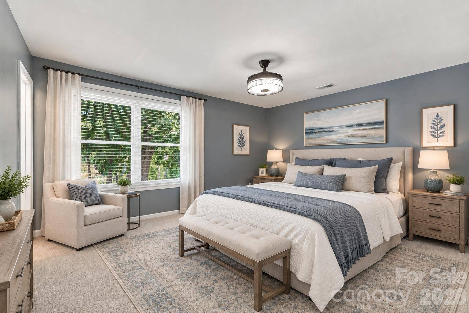 Virtually staged main floor primary bed/ bath - new carpet