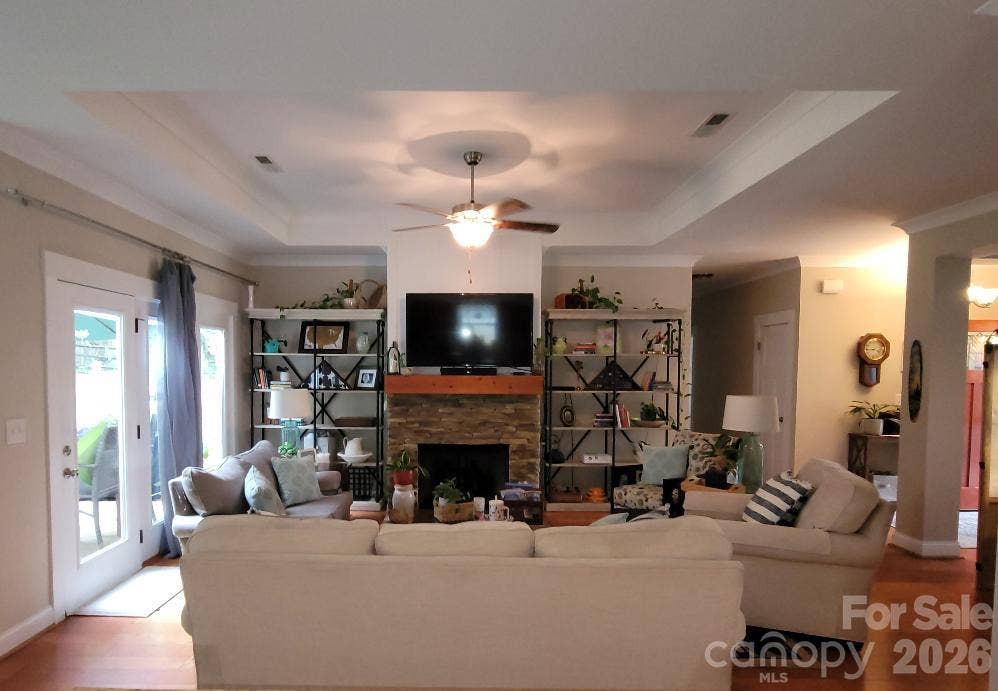 2117 London Lane, Belmont, NC 28012 Great Room with Stone Gas Log Fireplace