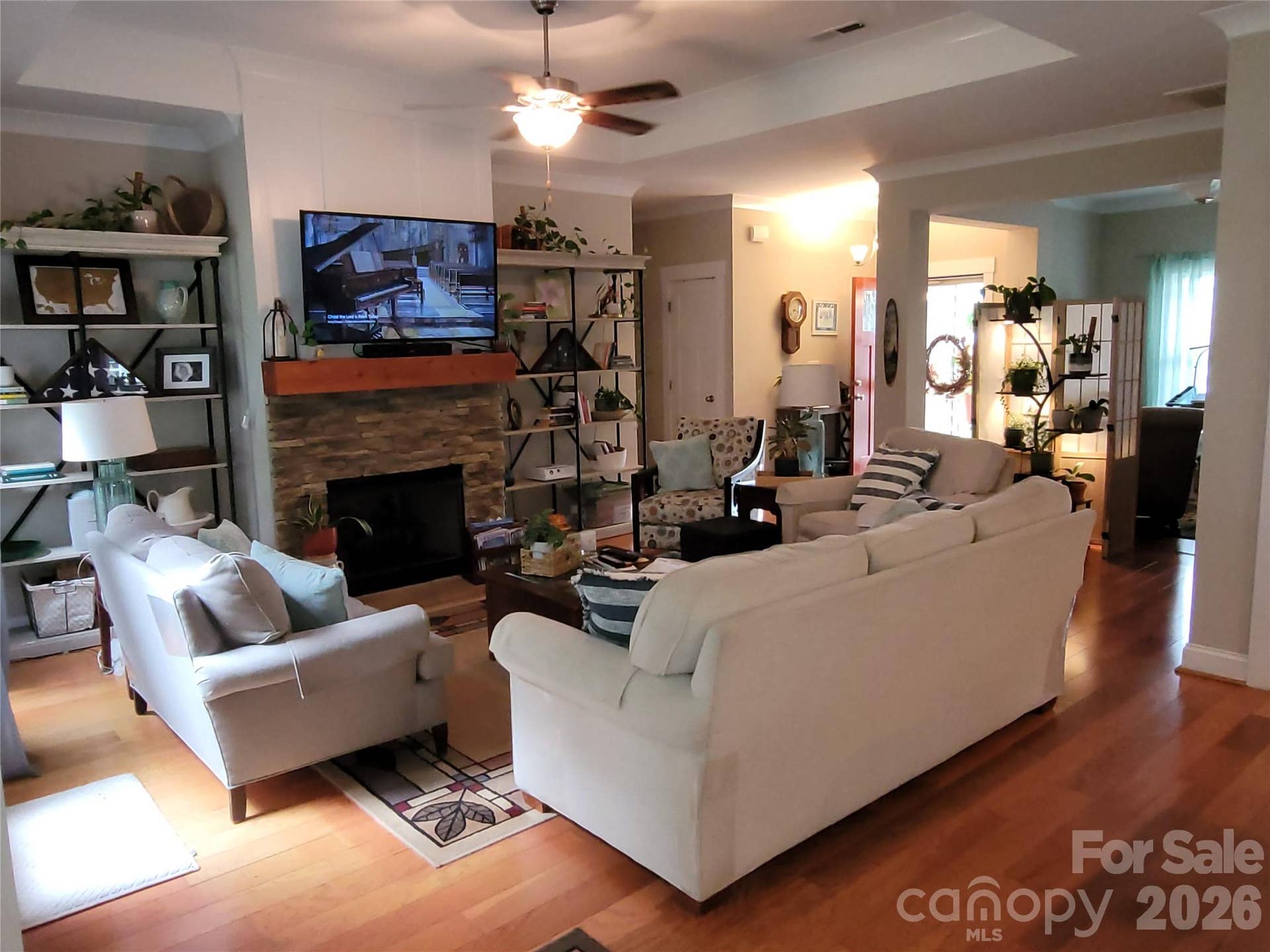 2117 London Lane, Belmont, NC 28012 Great Room with Prefinished Hardwood Floors and Tray Ceilings