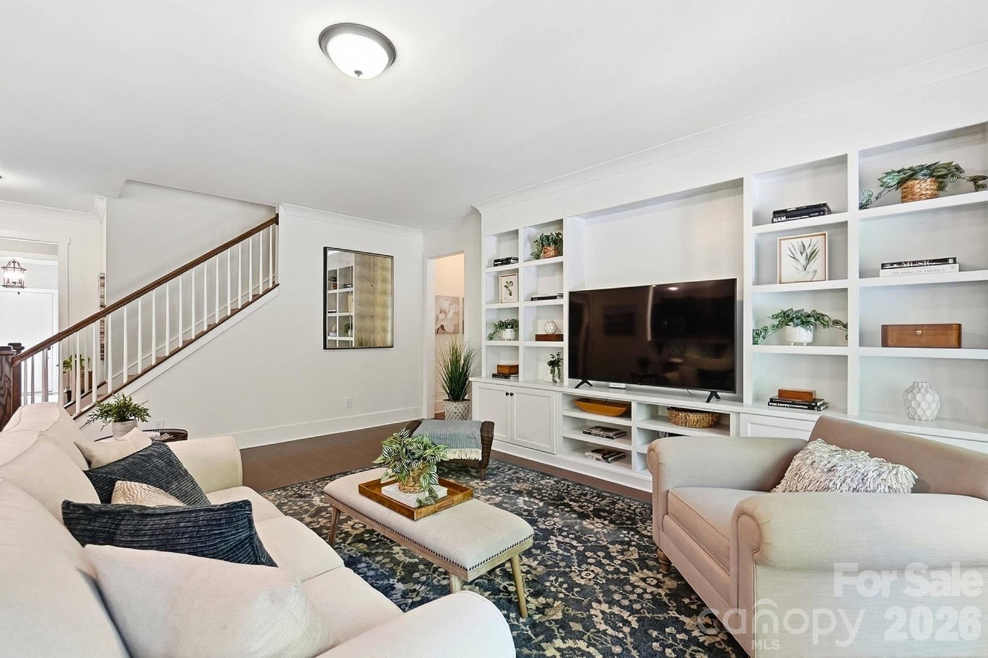 Living room with built in shelves