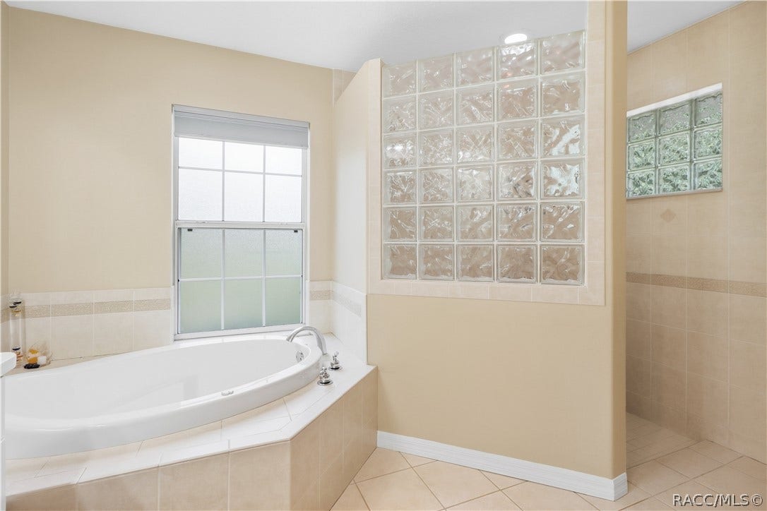 2593 S Columbine Avenue, Homosassa, FL 34448 Primary Bathroom Alternate view showcasing the soaking tub, decorative glass-block accents and separate tiled walk-in shower.