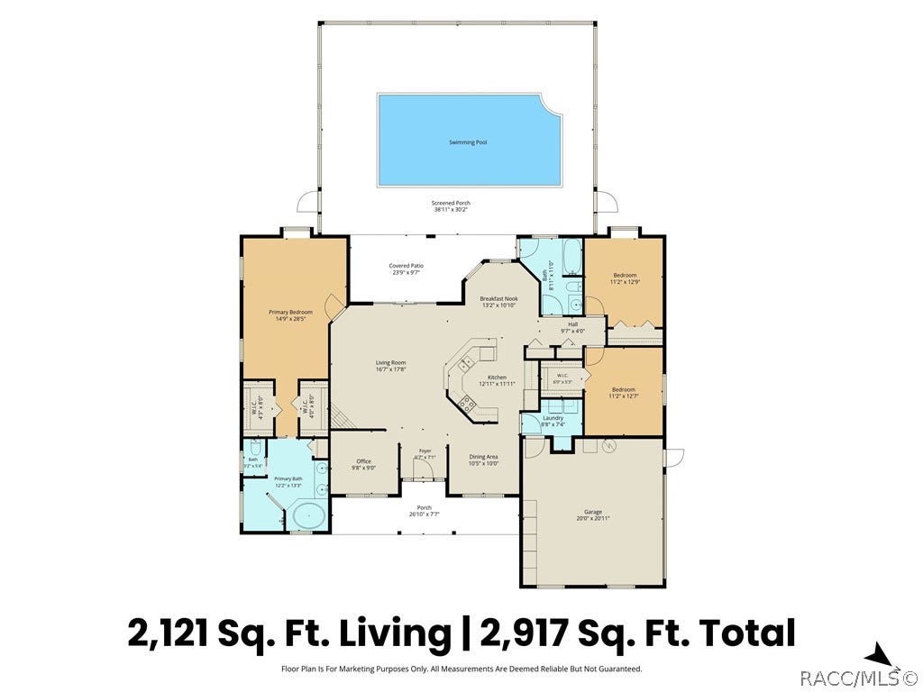 2593 S Columbine Avenue, Homosassa, FL 34448 Floor Plan: 2,121 SQ FT OF LIVING SPACE Floor plan highlights the spacious layout, including 3 bedrooms, PLUS office/flex room/ 4th Bedroom, 2 baths, multiple living/dining areas, garage, covered patio & oversized screened pool area.