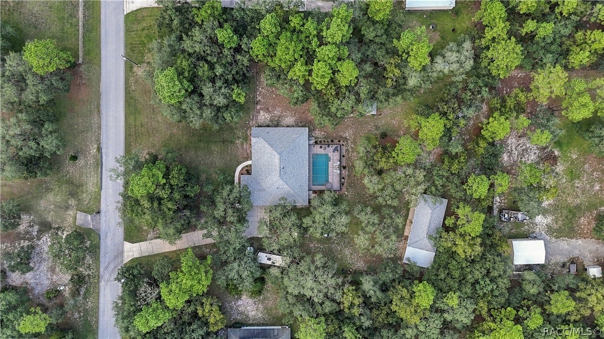 2593 S Columbine Avenue, Homosassa, FL 34448 SPACE YOU CAN REALLY SEE Overhead aerial highlights the home, pool, detached garage and generous homesite.